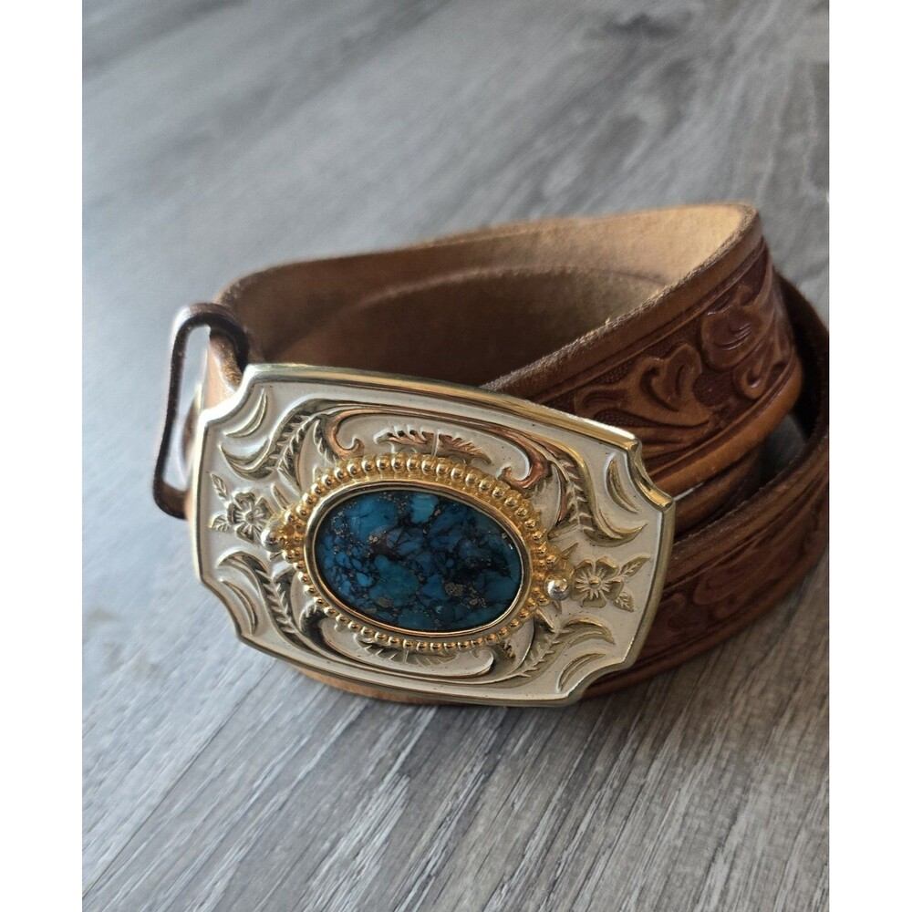 VTG Brass  /White Enamel / Blue Stone / Western USA Belt Buckle & Tooled Belt 46 - Picture 2 of 16
